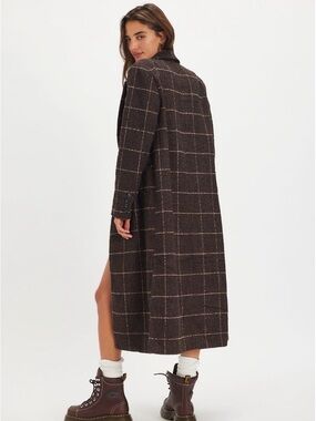 Free People Brown Plaid Long Coat